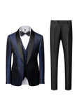 Svart Sjal Lapel Jacquard 3 Stycken Kostym Herr