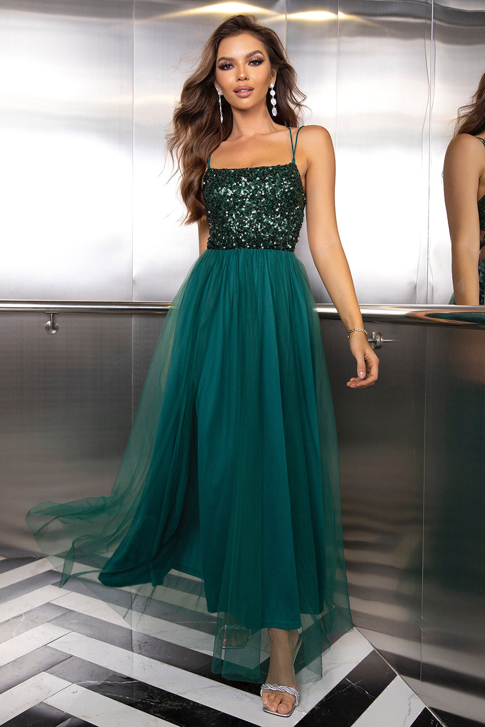 Sparkly Tulle Lace-Up Back Pine formell klänning med paljetter