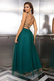 Sparkly Tulle Lace-Up Back Pine formell klänning med paljetter