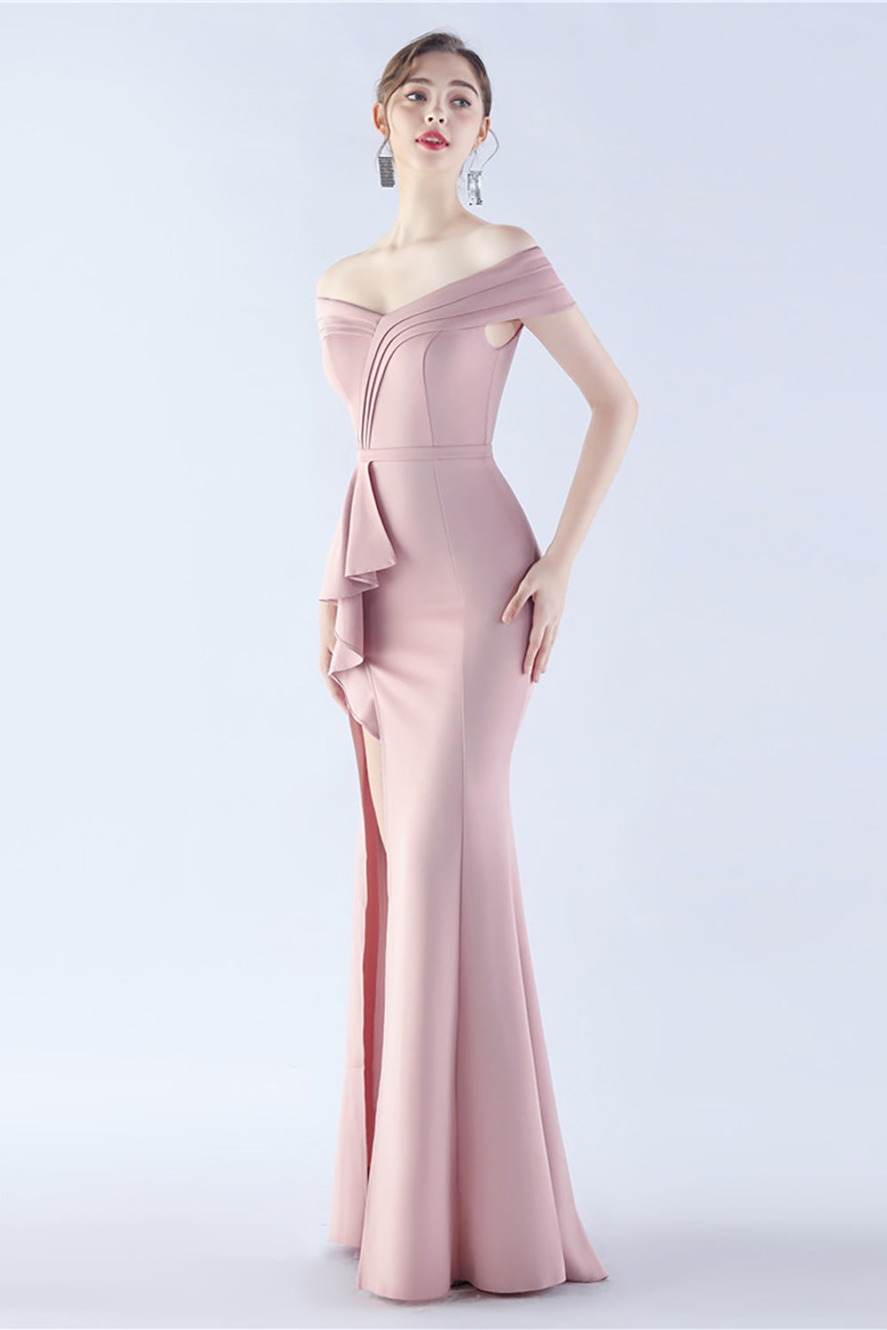 Marinblå Off the Shoulder Mermaid Crepe Formell Klänning med Slits