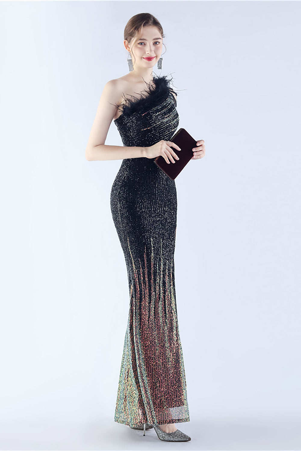 Glitter Svart Pärlstav Bodycon Feather Slope-Neck One-Shoulder Aftonklänning Med Slits