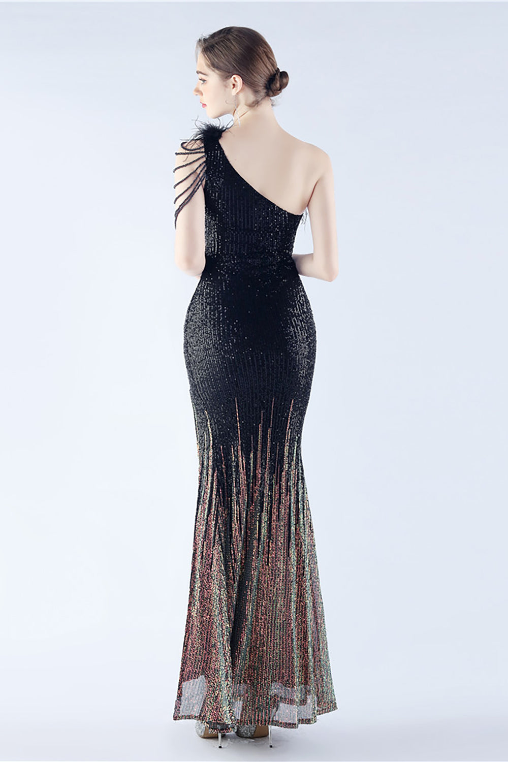 Glitter Svart Pärlstav Bodycon Feather Slope-Neck One-Shoulder Aftonklänning Med Slits
