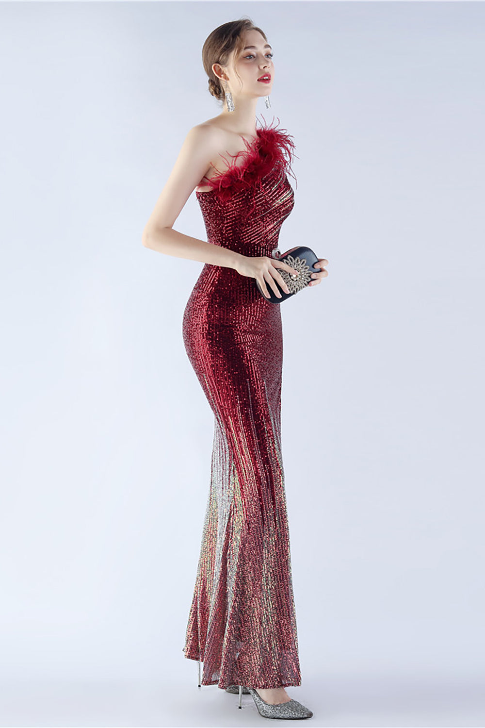 Glitter Svart Pärlstav Bodycon Feather Slope-Neck One-Shoulder Aftonklänning Med Slits