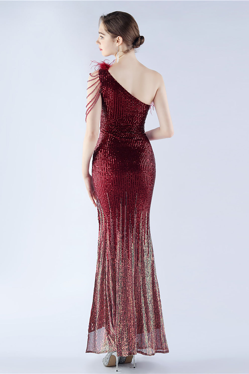 Glitter Svart Pärlstav Bodycon Feather Slope-Neck One-Shoulder Aftonklänning Med Slits