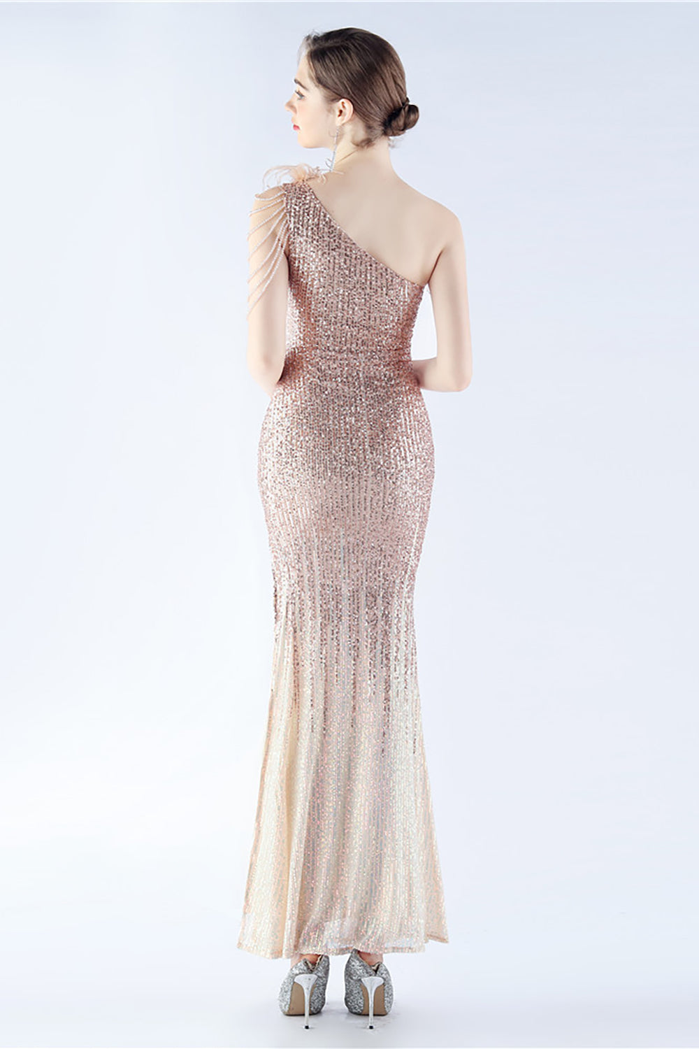 Glitter Svart Pärlstav Bodycon Feather Slope-Neck One-Shoulder Aftonklänning Med Slits