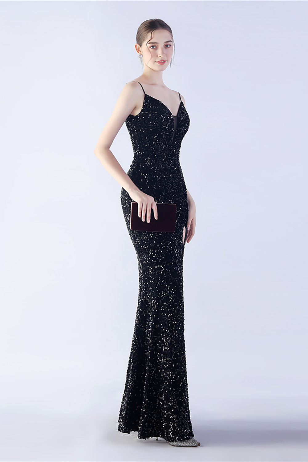 Glitter Mermaid Spaghetti Straps Pärlstav Symphony Svart Formell Klänning Med Sidoslits