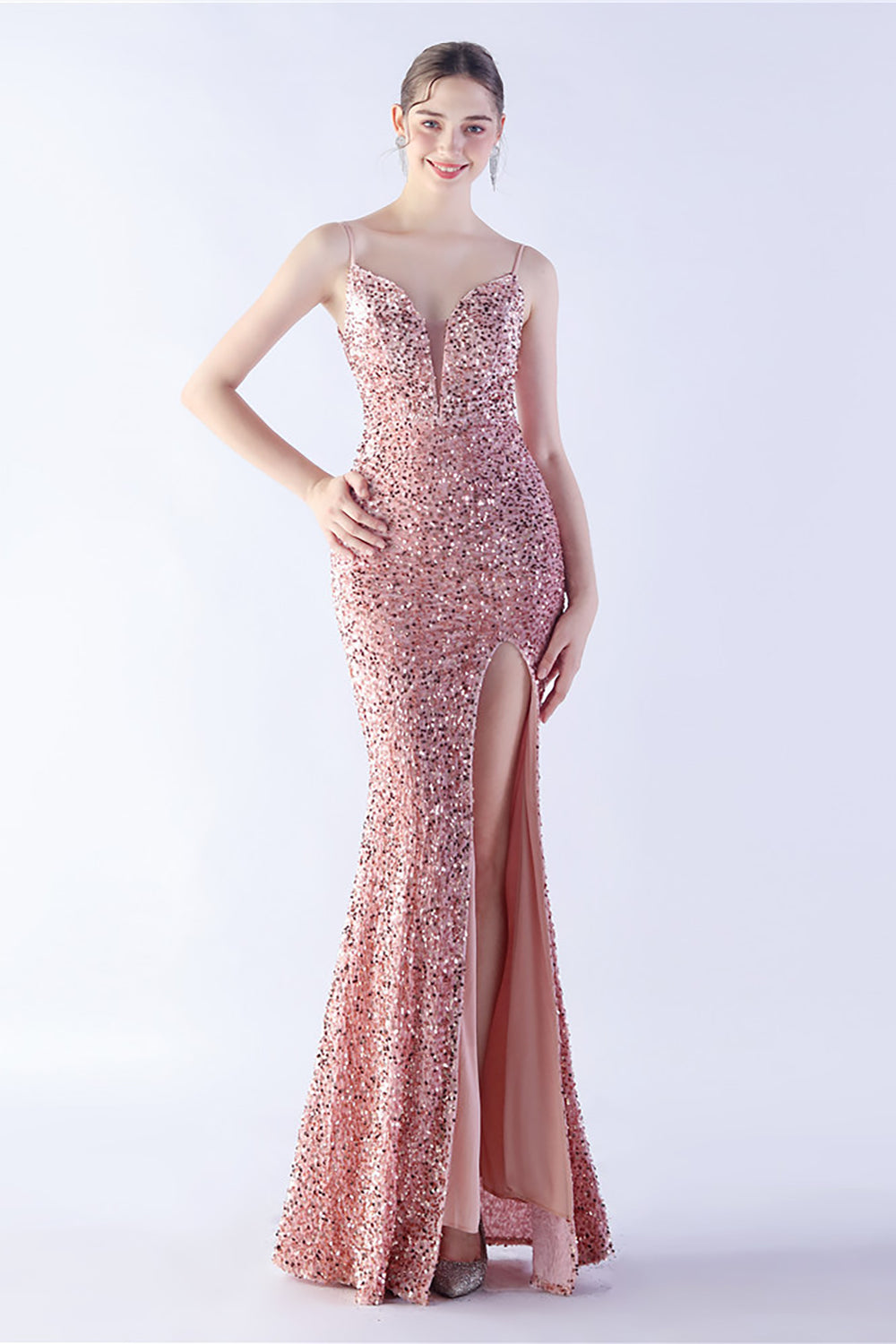 Glitter Mermaid Spaghetti Straps Pärlstav Symphony Svart Formell Klänning Med Sidoslits