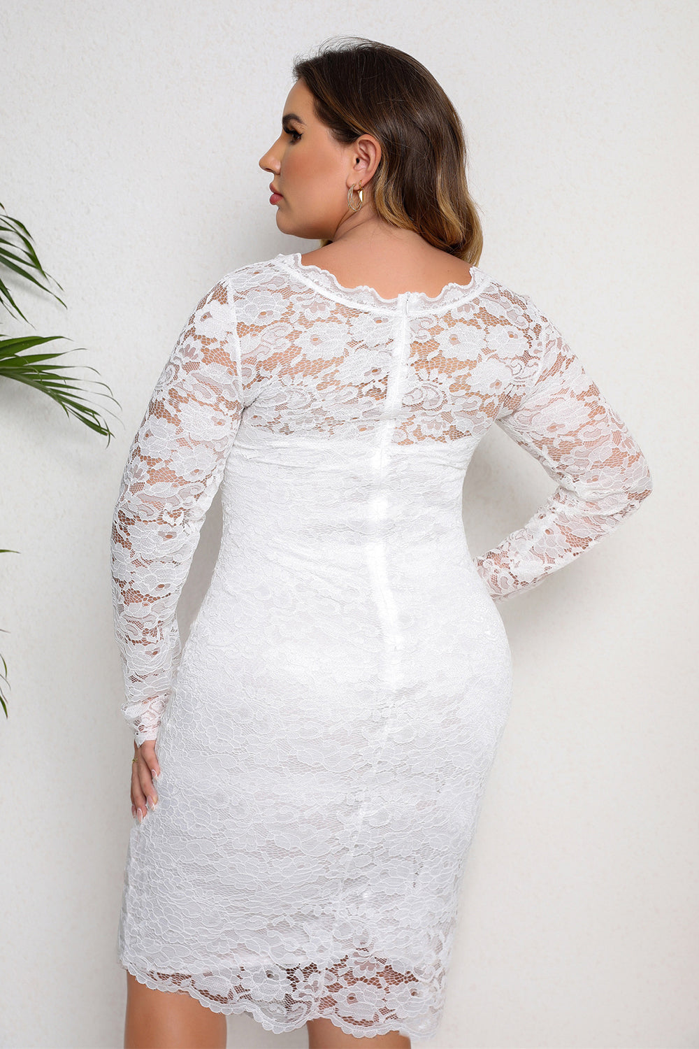 Vit Bodycon Plus Size Midi Spetsklänning Med Långa Ärmar