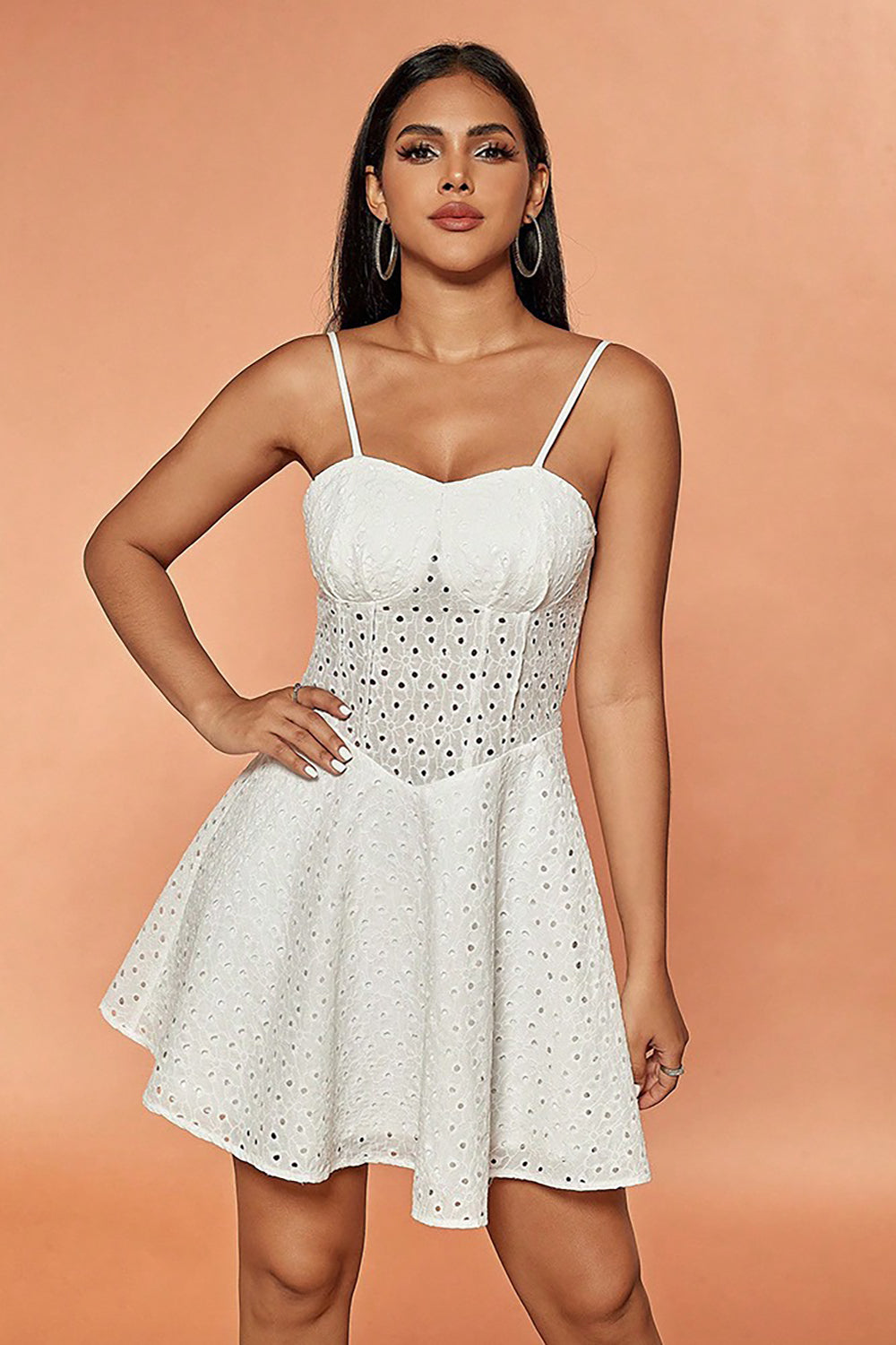 Vit A-linje Spaghetti Straps Kort Spets Sommarklänning
