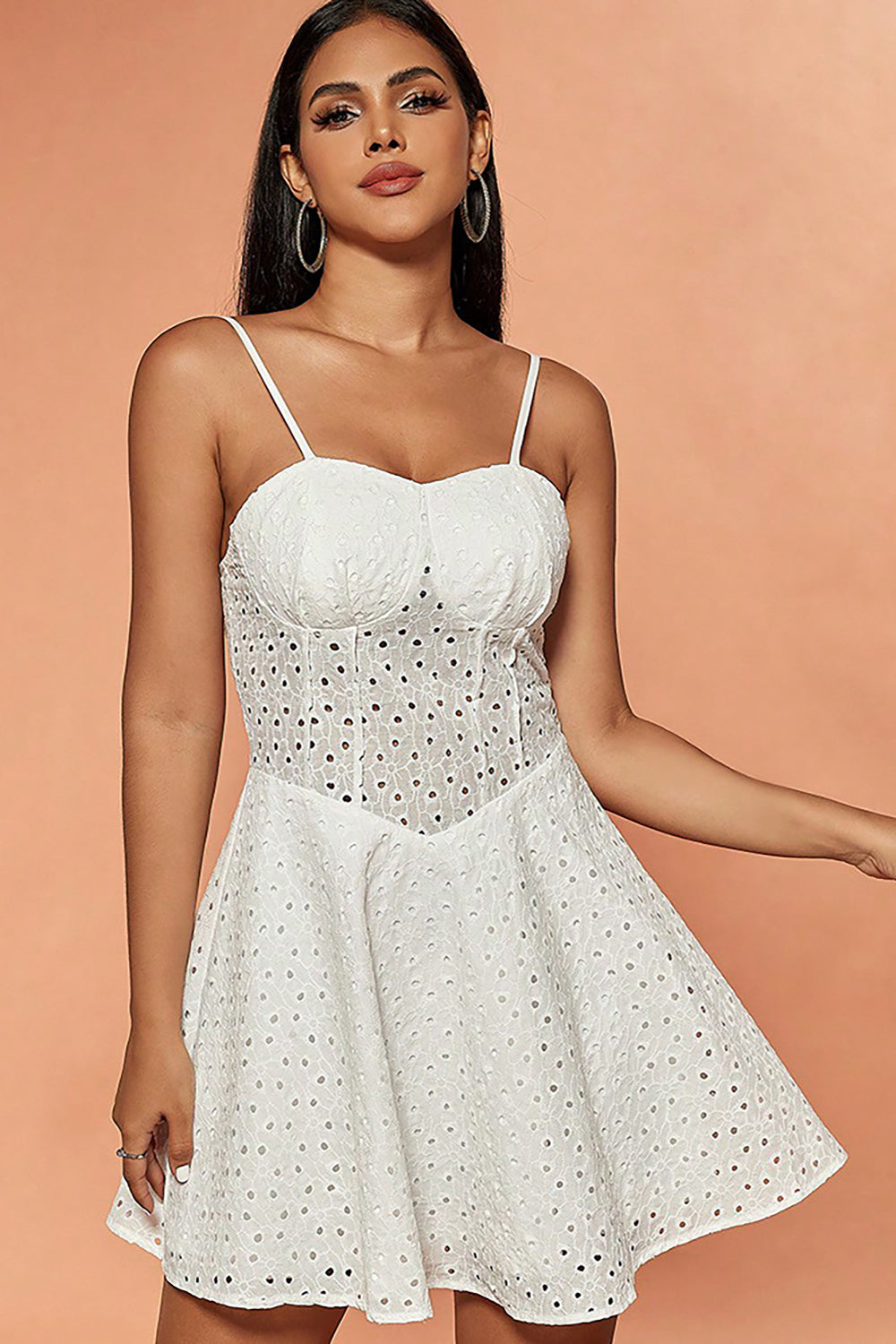 Vit A-linje Spaghetti Straps Kort Spets Sommarklänning