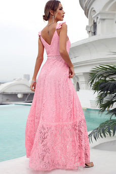 Rosa spets lång bröllopsgästklänning
