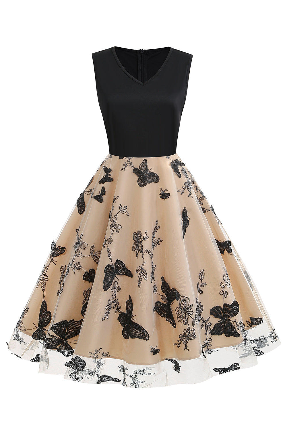 Svart V-ringning Vintage 50 tals klänning med applikationer