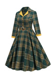 V-ringning Grön Grid Vintage Klänning med 3/4 ärmar