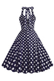 Hepburn Style Polka prickar blå 1950-talsklänning