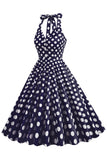 Hepburn Style Polka prickar blå 1950-talsklänning