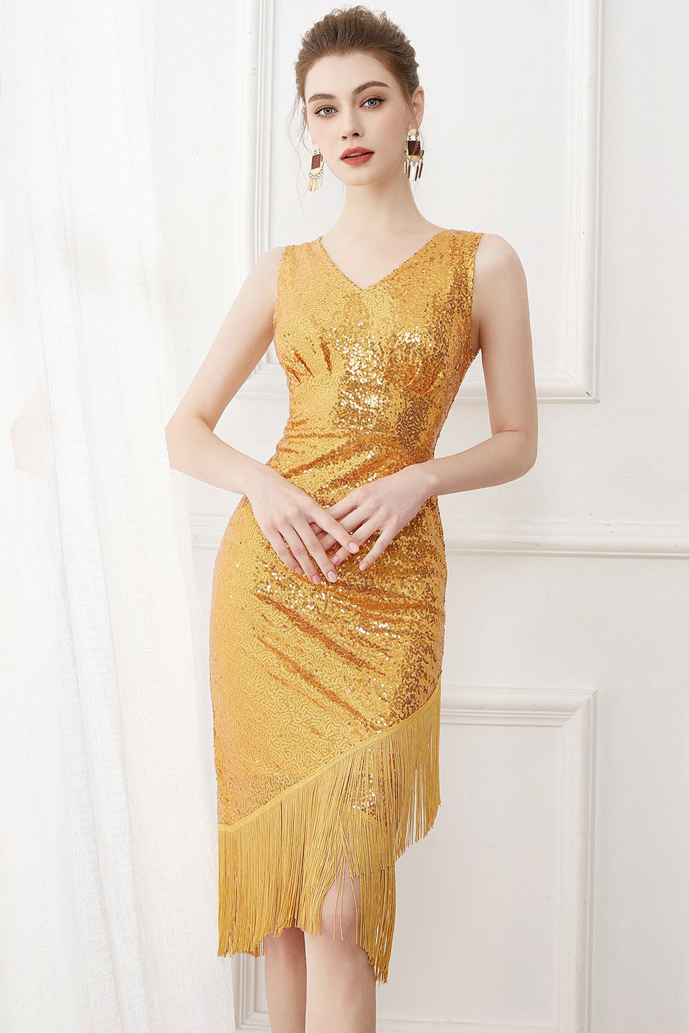 Paljetter Glitter Svart 1920-Tals Klänning med fransar