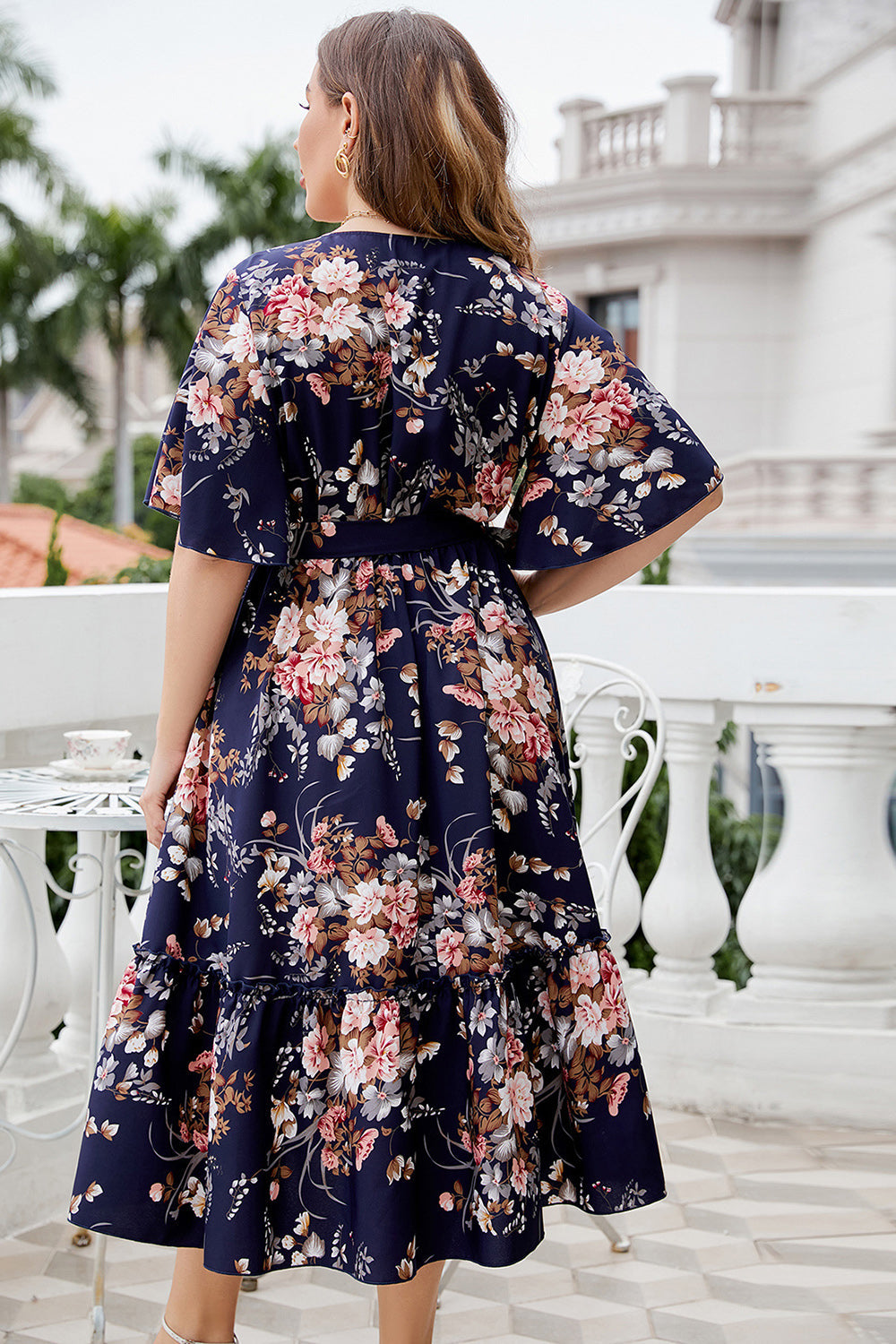 Plus Size V-hals Marinblå Kortärmad Sommarklänning