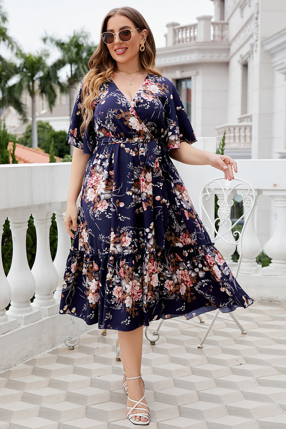Plus Size V-hals Marinblå Kortärmad Sommarklänning