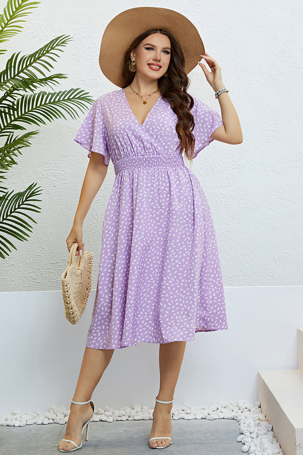 Lila Plus Size V-Hals Kortärmad Sommarklänning