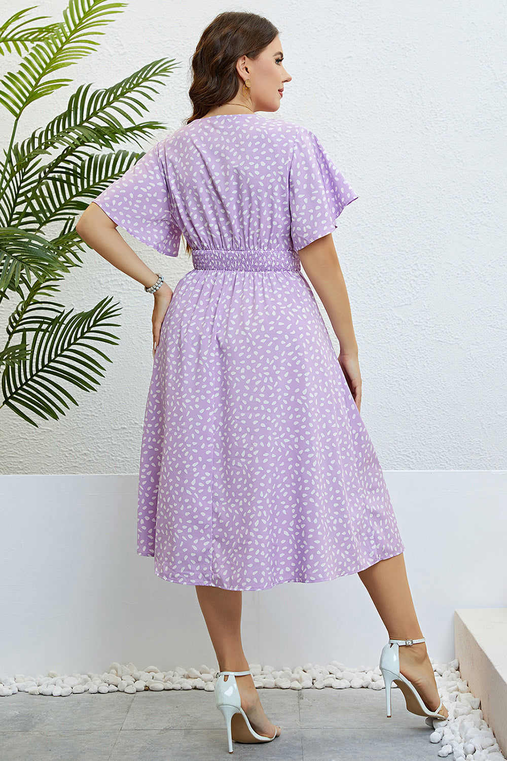 Lila Plus Size V-Hals Kortärmad Sommarklänning
