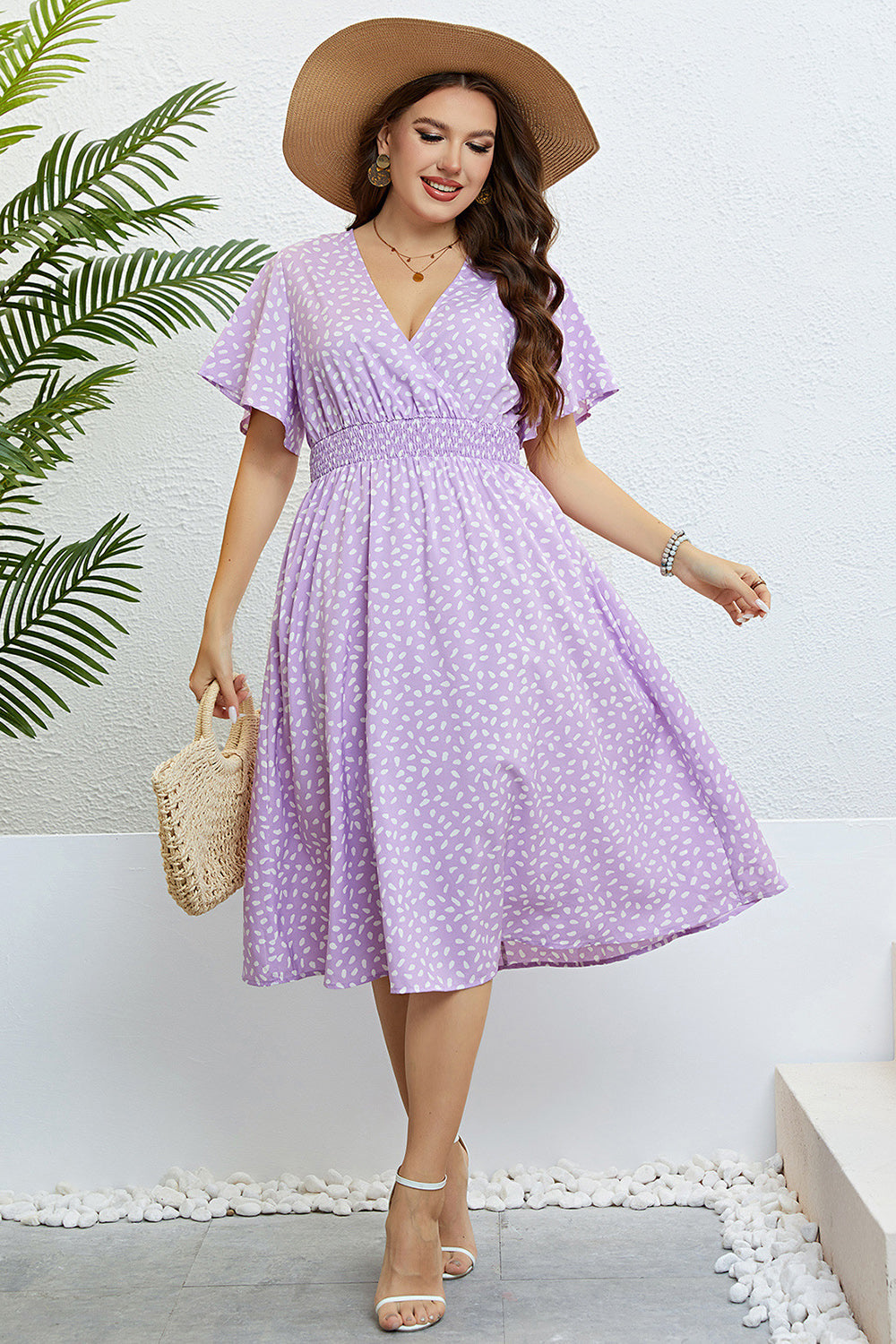 Lila Plus Size V-Hals Kortärmad Sommarklänning