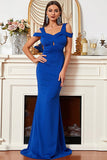 Satin Mermaid Cold Shoulder Royal Blue Prom Klänning
