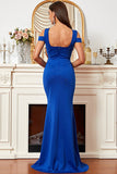 Satin Mermaid Cold Shoulder Royal Blue Prom Klänning