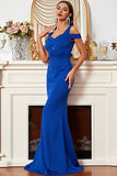 Satin Mermaid Cold Shoulder Royal Blue Prom Klänning