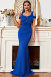 Satin Mermaid Cold Shoulder Royal Blue Prom Klänning