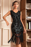 Svart Golden Flätad Paljett Fransad 1920-tal Flapper Klänning