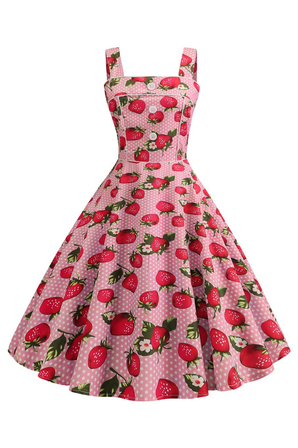 Jordgubbar Tryckt Blå ärmlös 1950-tals Klänning