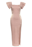 Blush Square Neck Cap Ärmar Bodycon Lång festklänning