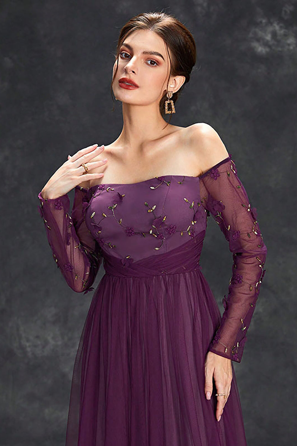 Mörklila Tyll Off The Shoulder Formell Klänning Med Ärmar