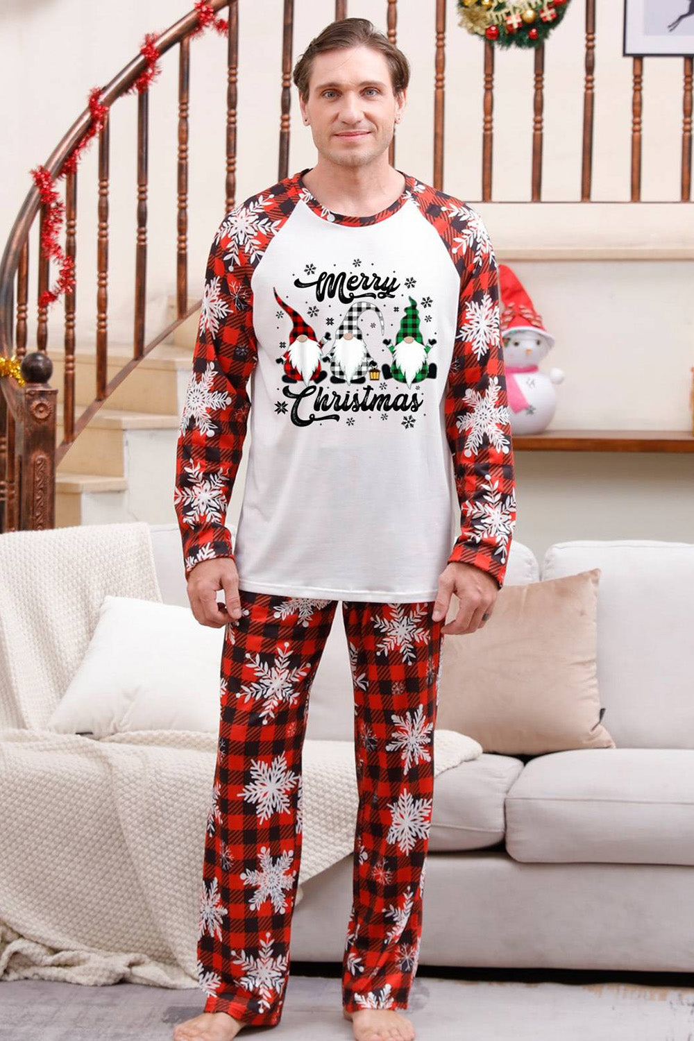 Röd Pläd Matchande familj julpyjamas med snöflinga