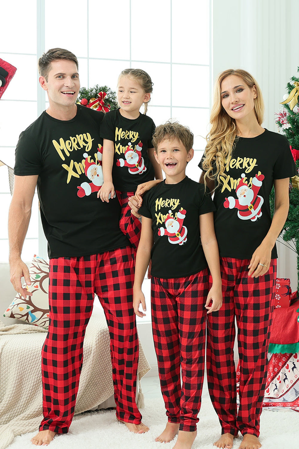 Svart Röd Pläd Family Christmas Pyjamas med korta ärmar