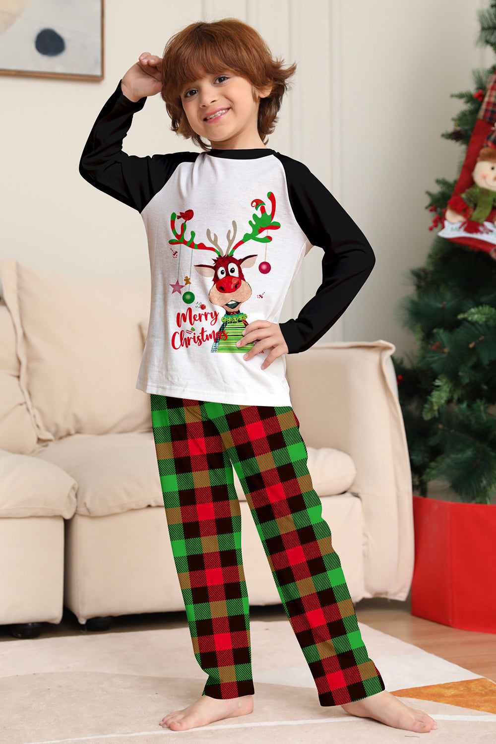 Jul Familj Svart Vit Rådjur Tryckt Rutig Pyjamas Set