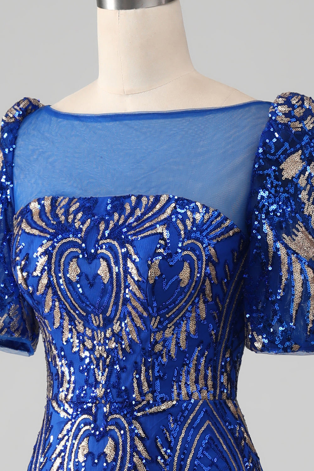 Mermaid Royal Blue glittrande balklänning med korta ärmar