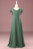 A-linje Eucalyptus Chiffong Long Cap Sleeve Junior Bridesmaid Klänning