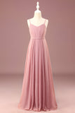 Dusty Rose A-line Chiffong Spaghetti Remmar Lång Veckad Junior Bridesmaid Klänning