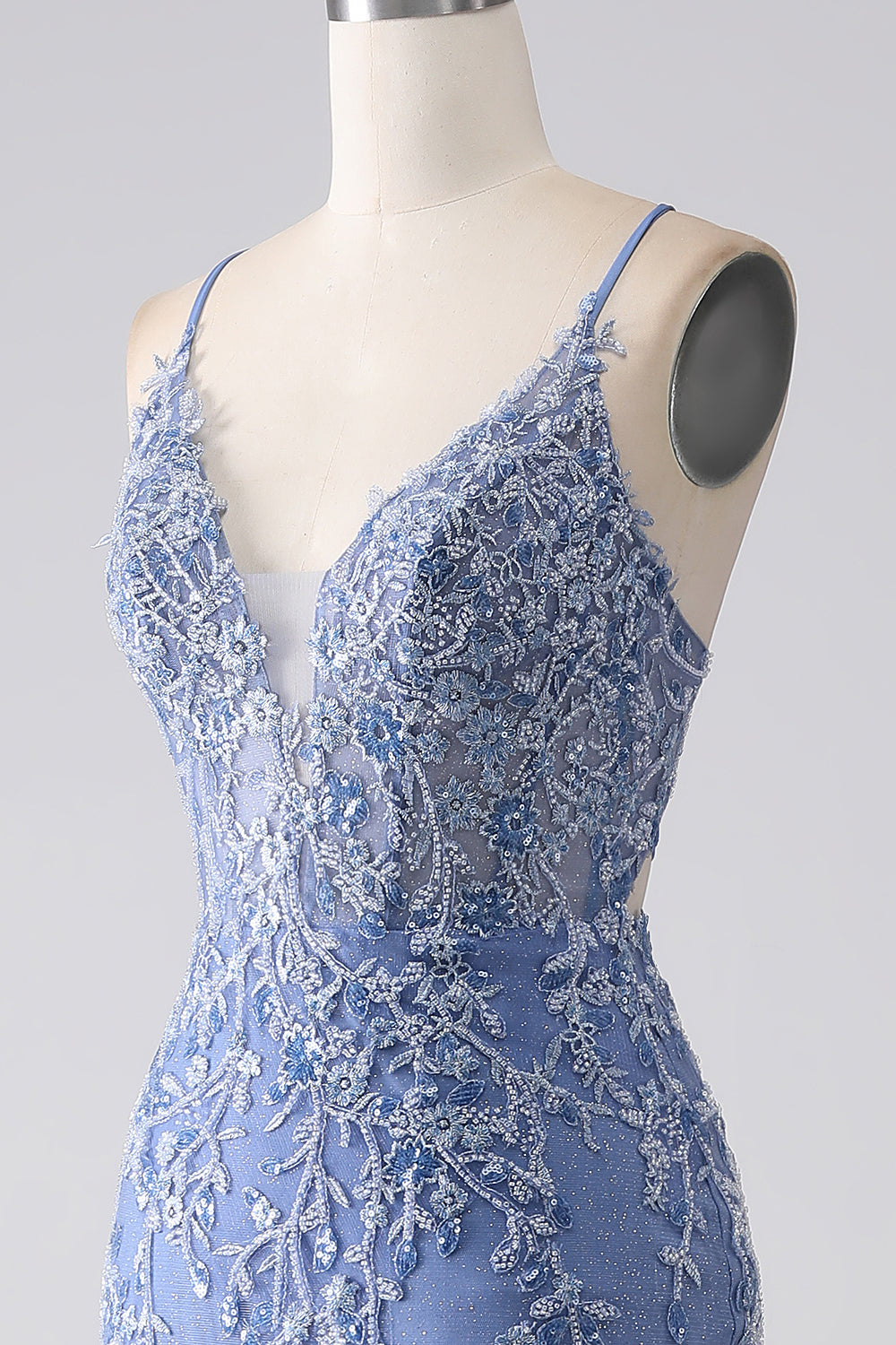 Grå Blå Mermaid Spaghetti Strap Beaded Backless Prom Klänning Med Applikationer