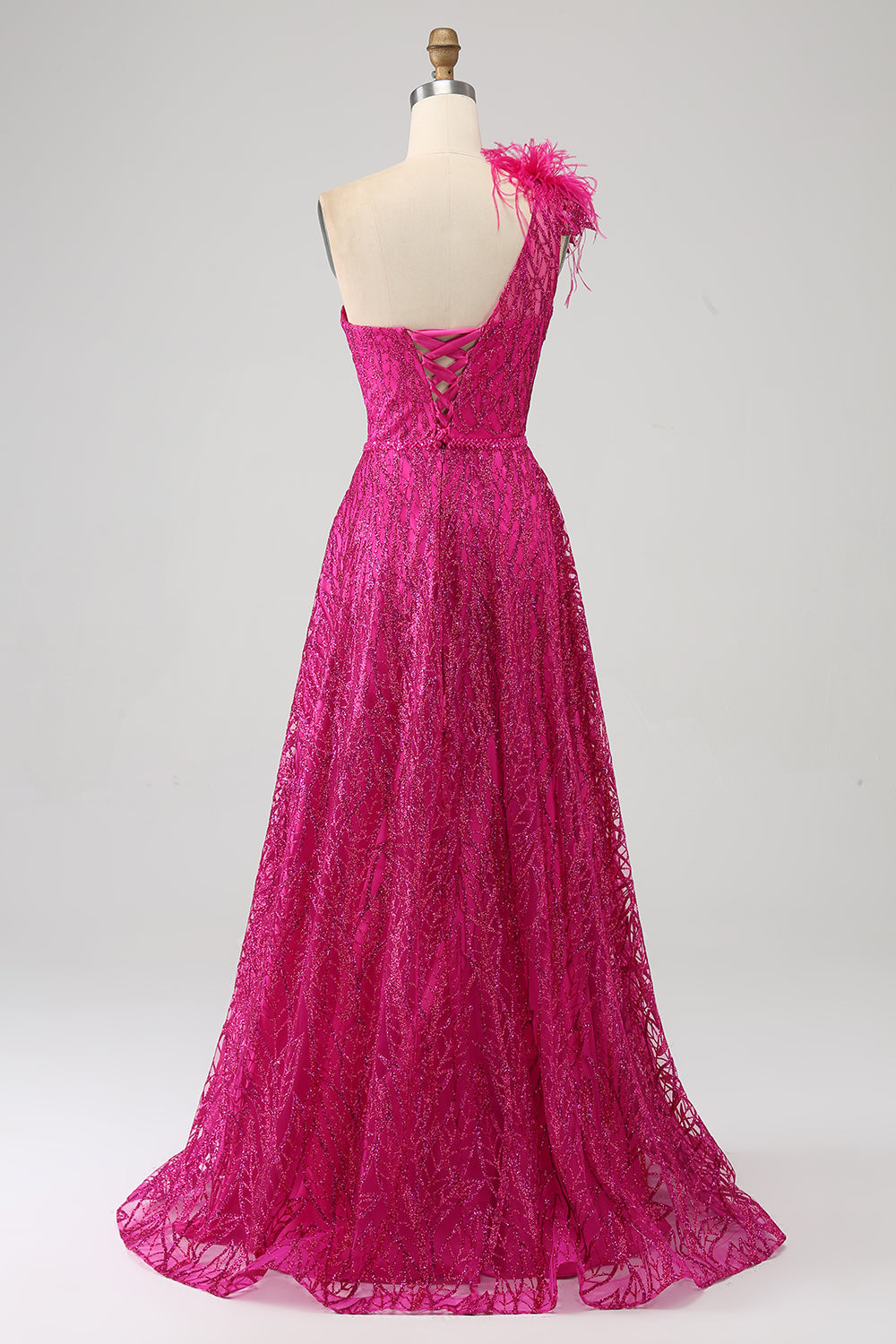 Fuchsia A-linje One Shoulder Feather Paljett Lång Balklänning med slits