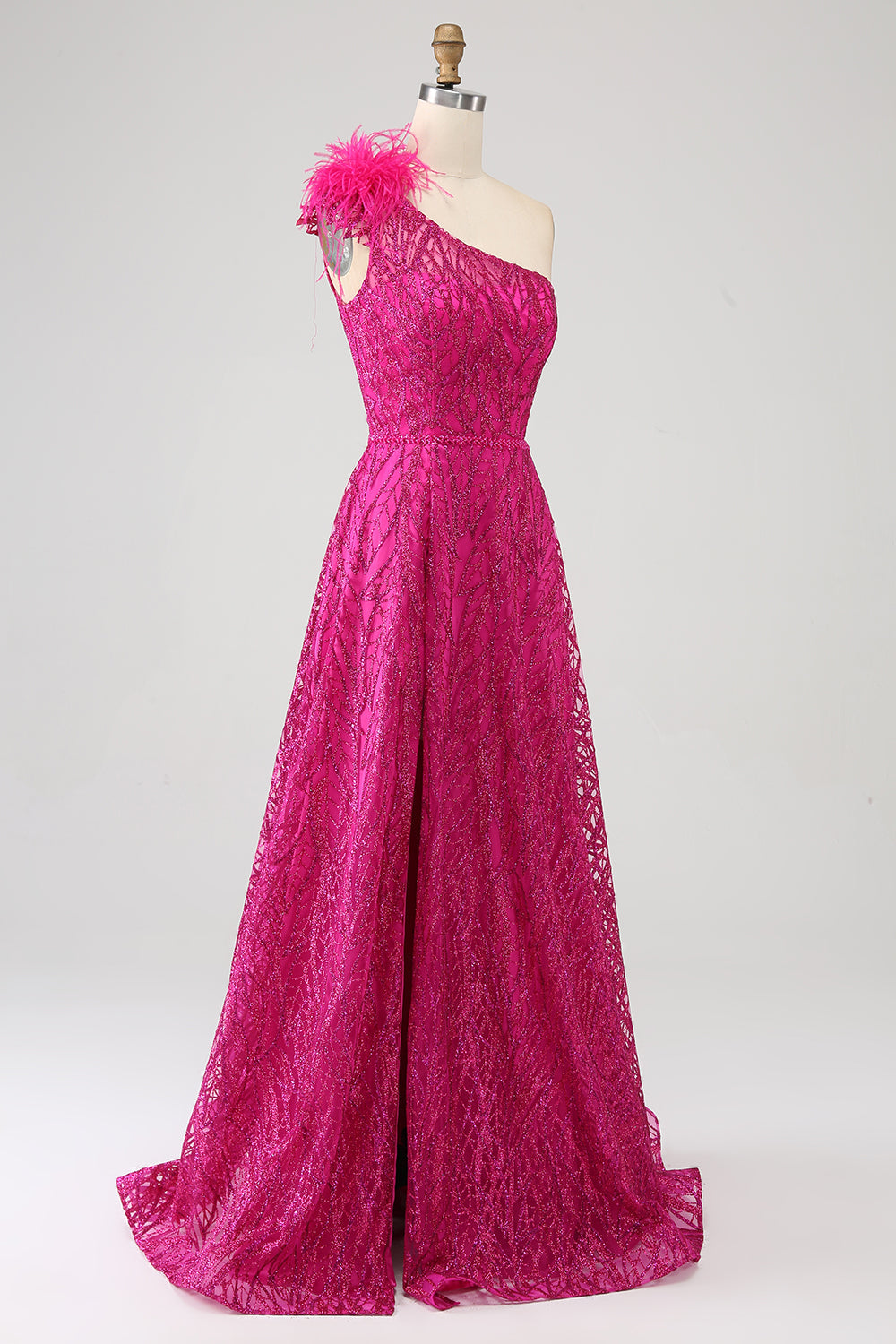 Fuchsia A-linje One Shoulder Feather Paljett Lång Balklänning med slits