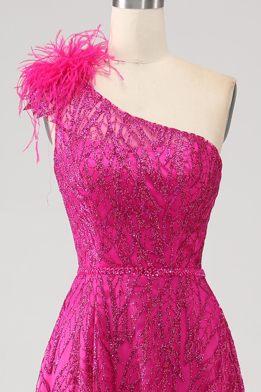 Fuchsia A-linje One Shoulder Feather Paljett Lång Balklänning med slits