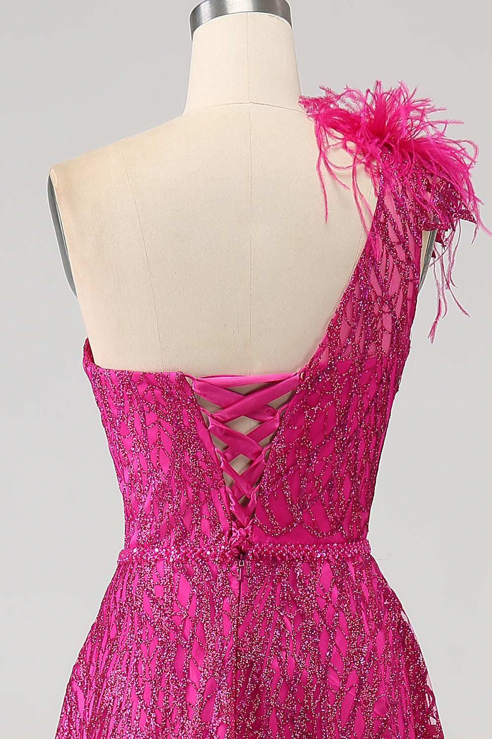 Fuchsia A-linje One Shoulder Feather Paljett Lång Balklänning med slits