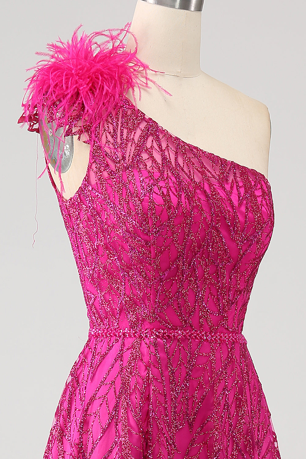 Fuchsia A-linje One Shoulder Feather Paljett Lång Balklänning med slits