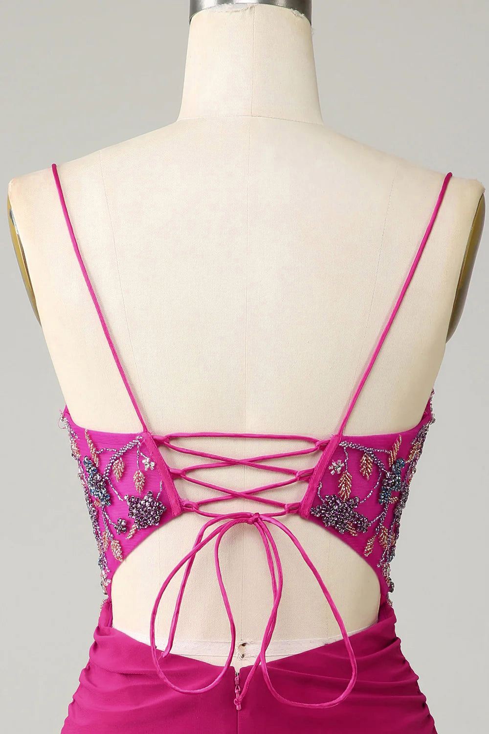 Snygga Bodycon Spaghettiband Fuchsia Kort Homecoming Klänning med Pärlstav