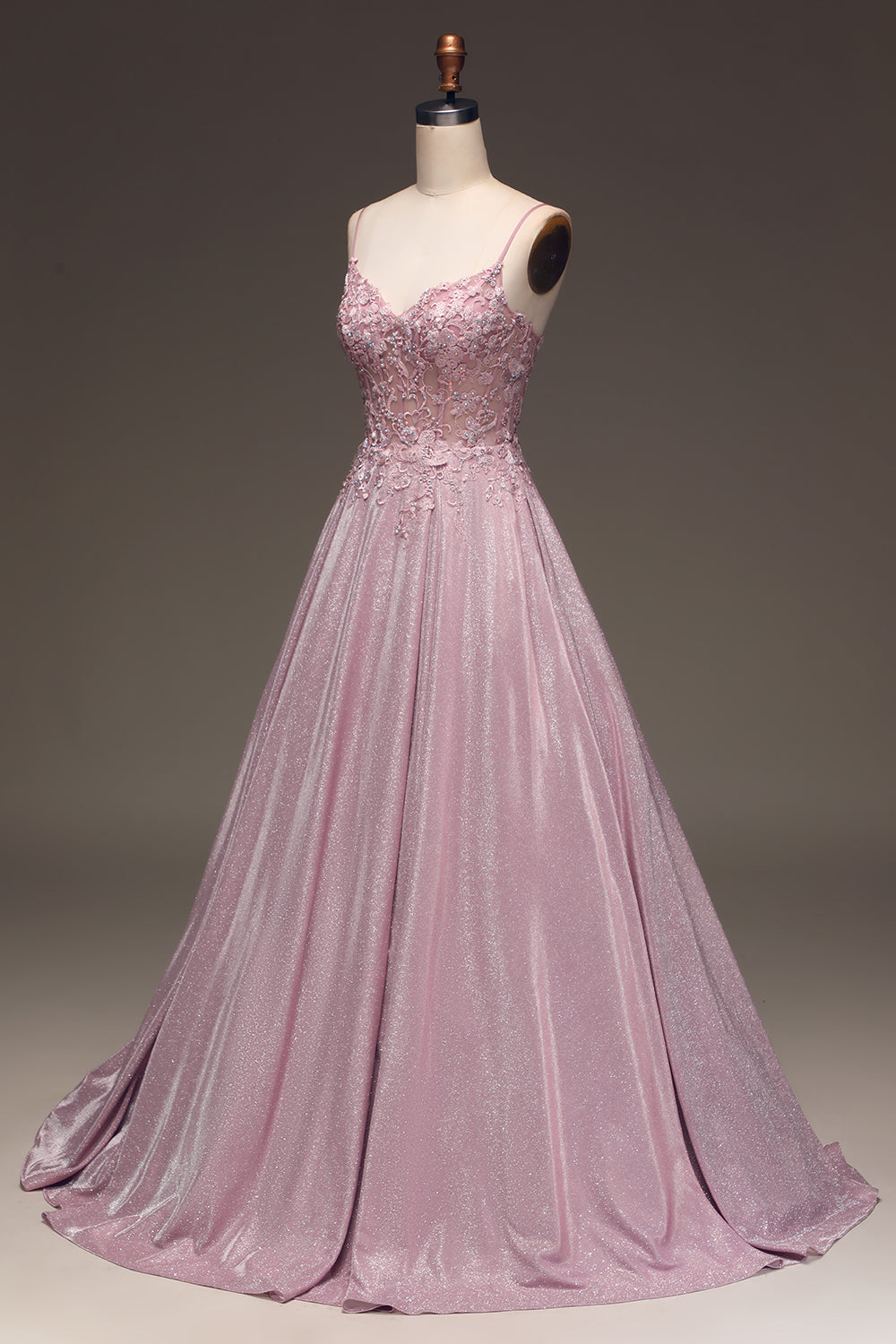 Glitter Spaghetti Straps Blush Prom Klänning med Beading