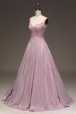 Glitter Spaghetti Straps Blush Prom Klänning med Beading