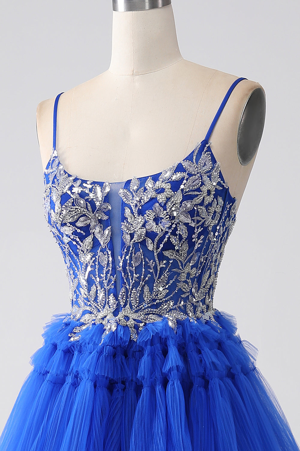 Royal Blue Tiered Balklänning med paljetter