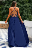 Royal Blue A-linje Spaghetti Straps Backless Lång Satin Balklänning med slits